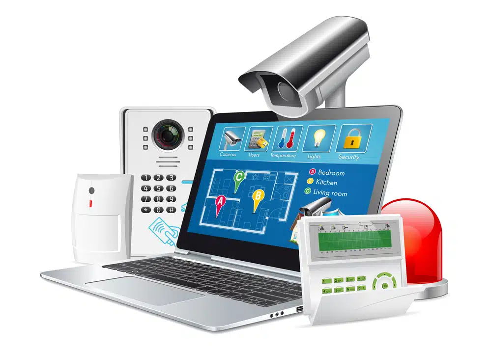 Advanced home security devices, including a laptop, camera, intercom, sensor, keypad, and alarm